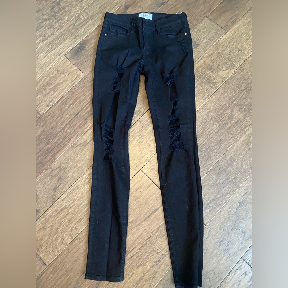 Frame Denim Ladies 27 Black Jeans Le Skinny De Jeanne Heavy Distressed
